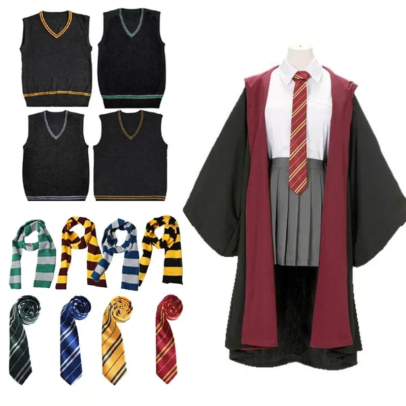 Harri Potters Adult&Children Cosplay Costume Gryffindors Shirt Gown Cloak Tie Scarf Wand Slytherin Skirt Halloween Hermione Gift