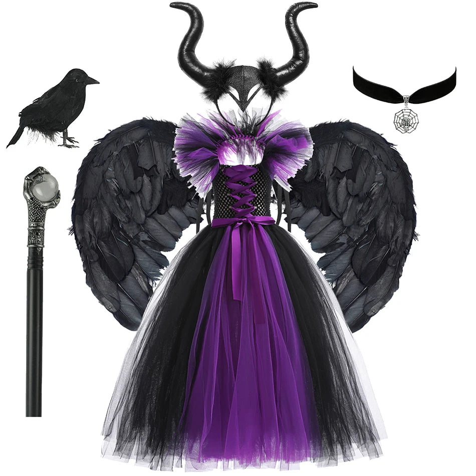 Girls Maleficent Costume Dress – Luxury Villain Tulle Gown