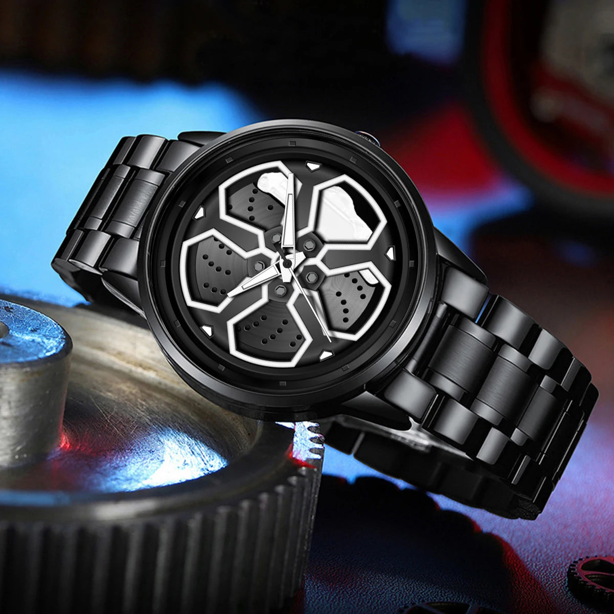 Original Wheel Rotating Men Watches Black Fashion Stainless Steel Strap Sports Man Clock 3Bar Quartz Movement Top Watch for Men