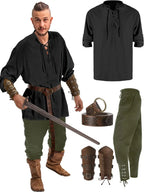 4 Pcs Halloween Men's Renaissance Costume Set Medieval Pirate Shirt Ankle Banded Pants Viking Belt Accessories