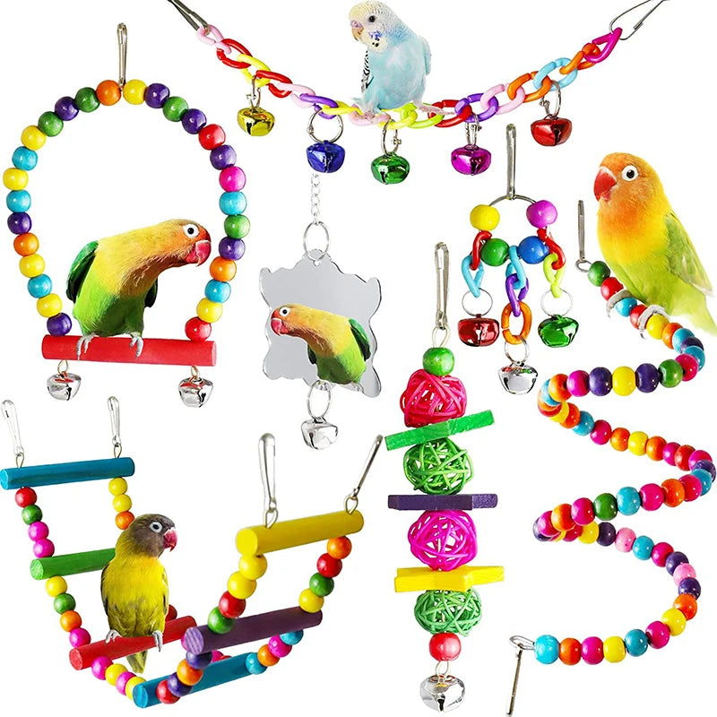 7PCS Wooden Parrot Toy Set for Bird Cage Play and Enrichment