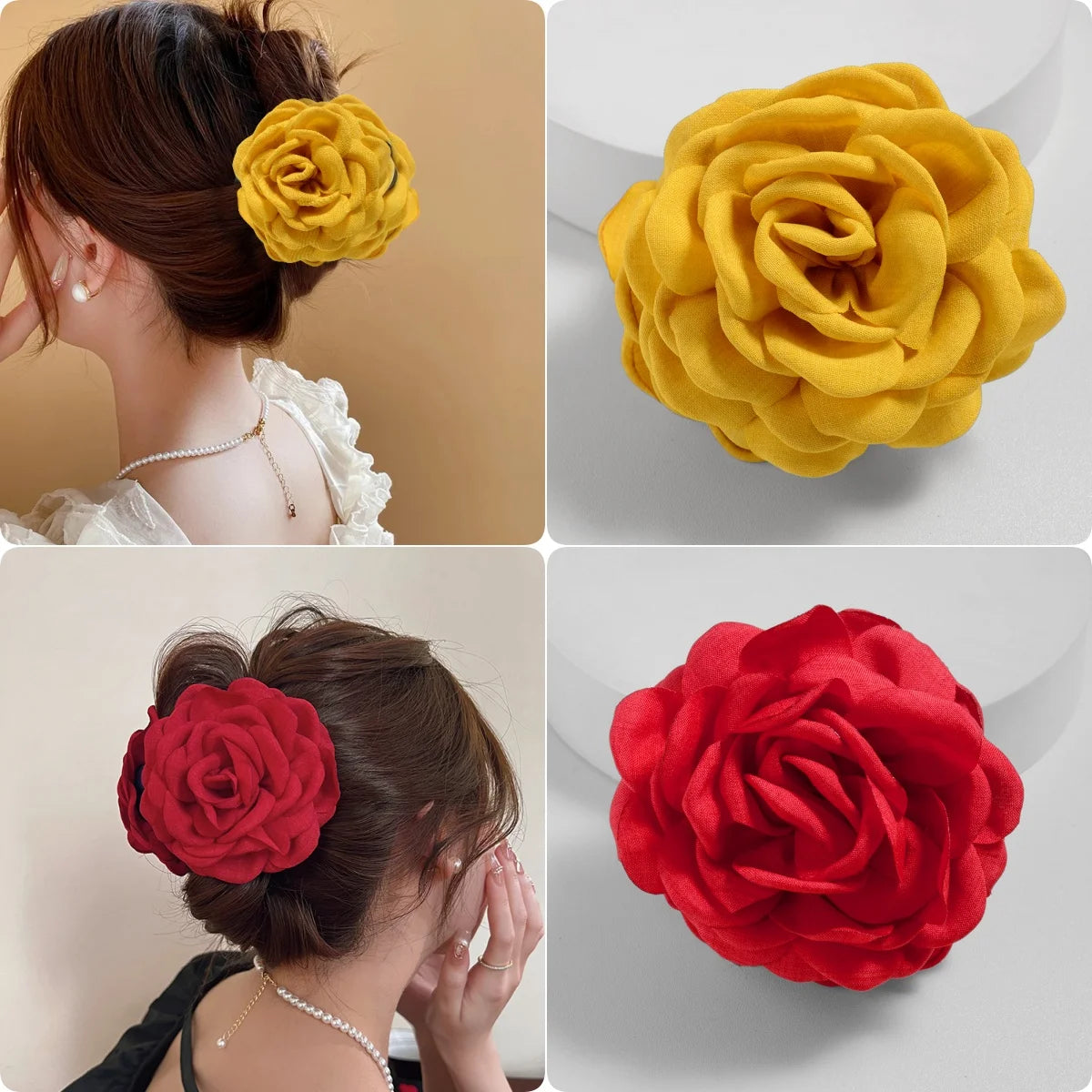 Cotton Rose Flower Hair Claw Clip – Medium Shark Clamp