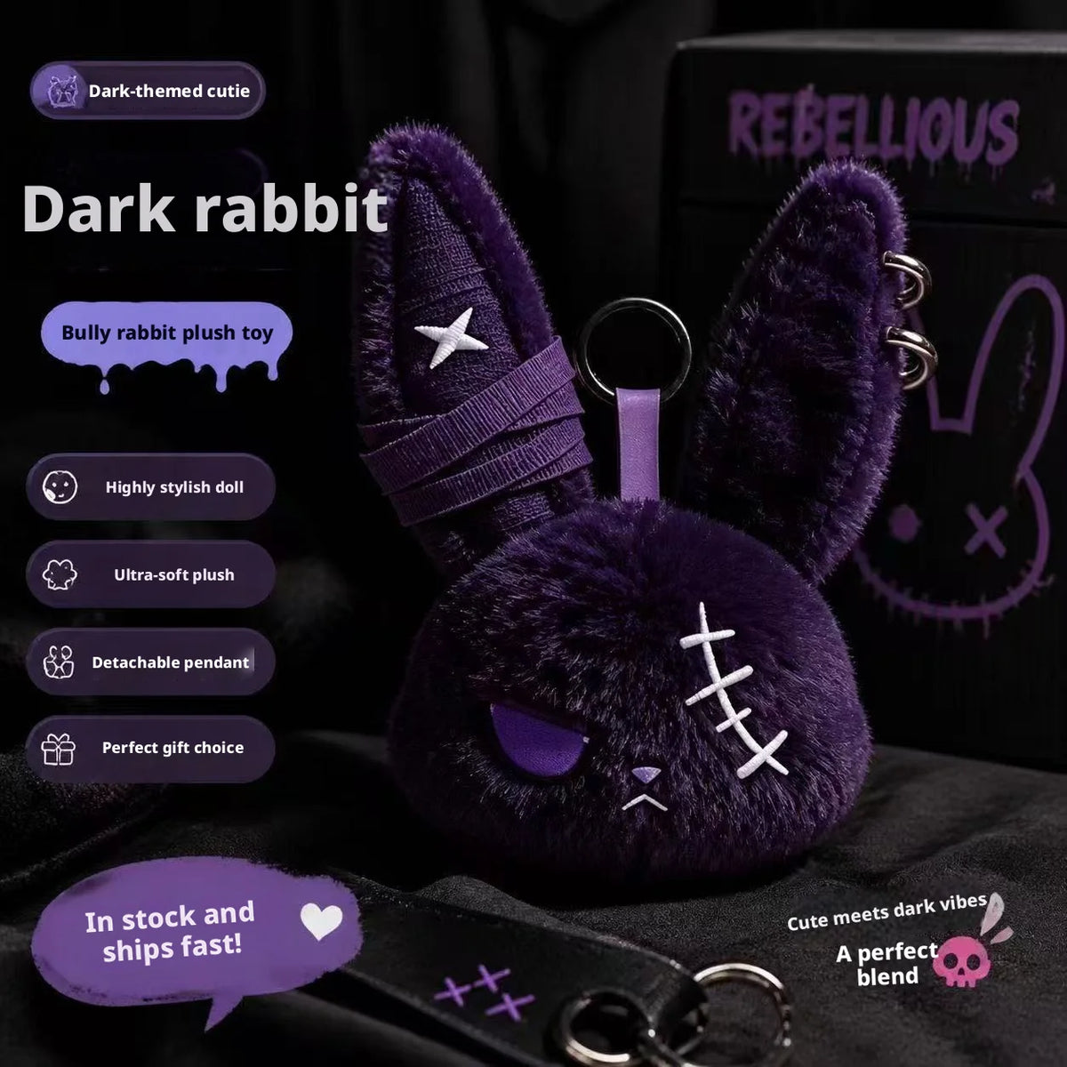 Hot Gothic Bunny Plush Keychain RabbitBag Charm with Bandage Desian Kawaii Key Ring Pendant Car Bag Ornament  Gift To