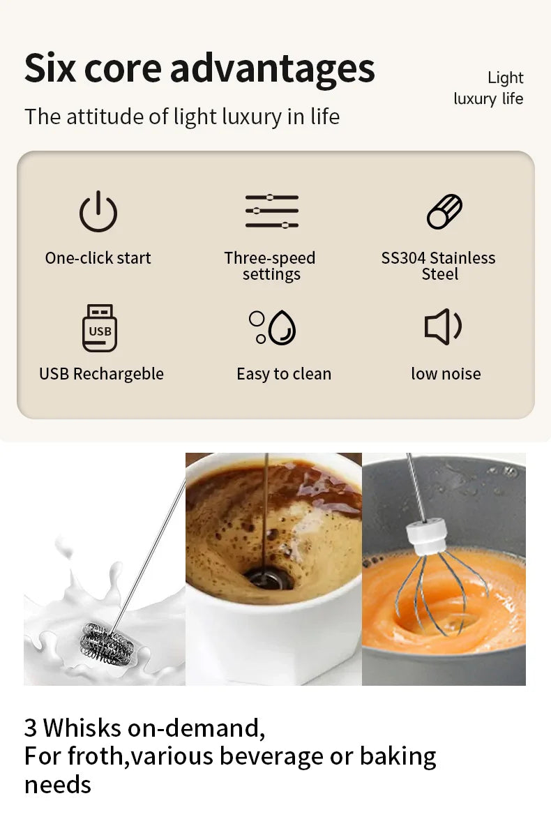 Wireless Electric Milk Frother Type-C Rechargeable Handheld Coffee Whisk Mixer