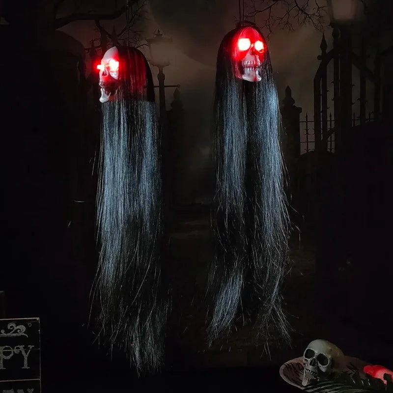 Glowing Eyes Halloween Hanging Ghost Skeleton Prop Long Hair Decoration for Indoor Outdoor Haunted House Party Spooky Display