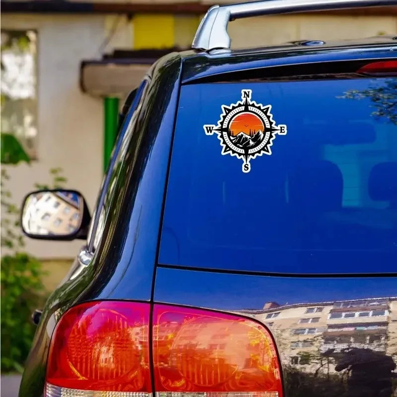 Compass Mountains Forest Sunset Vinyl Decal, Decorative Sticker for Car Motorcycle SUV Truck Window Bumper