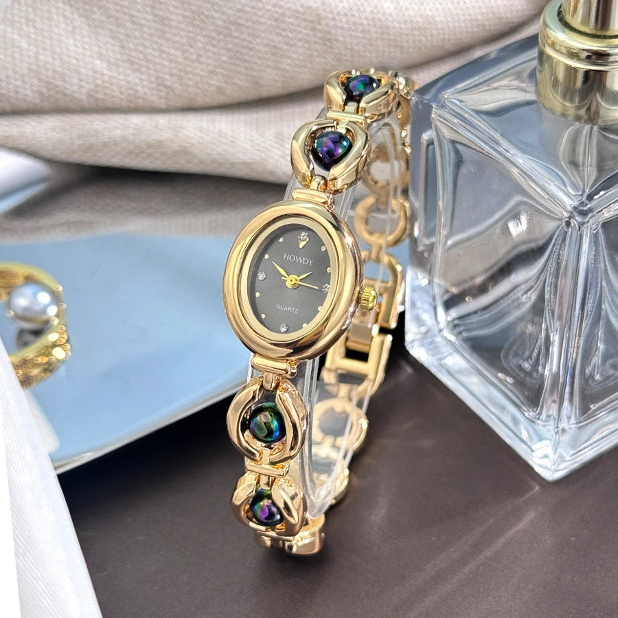 Ladies' Silky Texture Oval Alloy Case Set with Movable Fine Bead Bracelet Sun Print Rhinestone Dial Elegant Lady Quartz Watch
