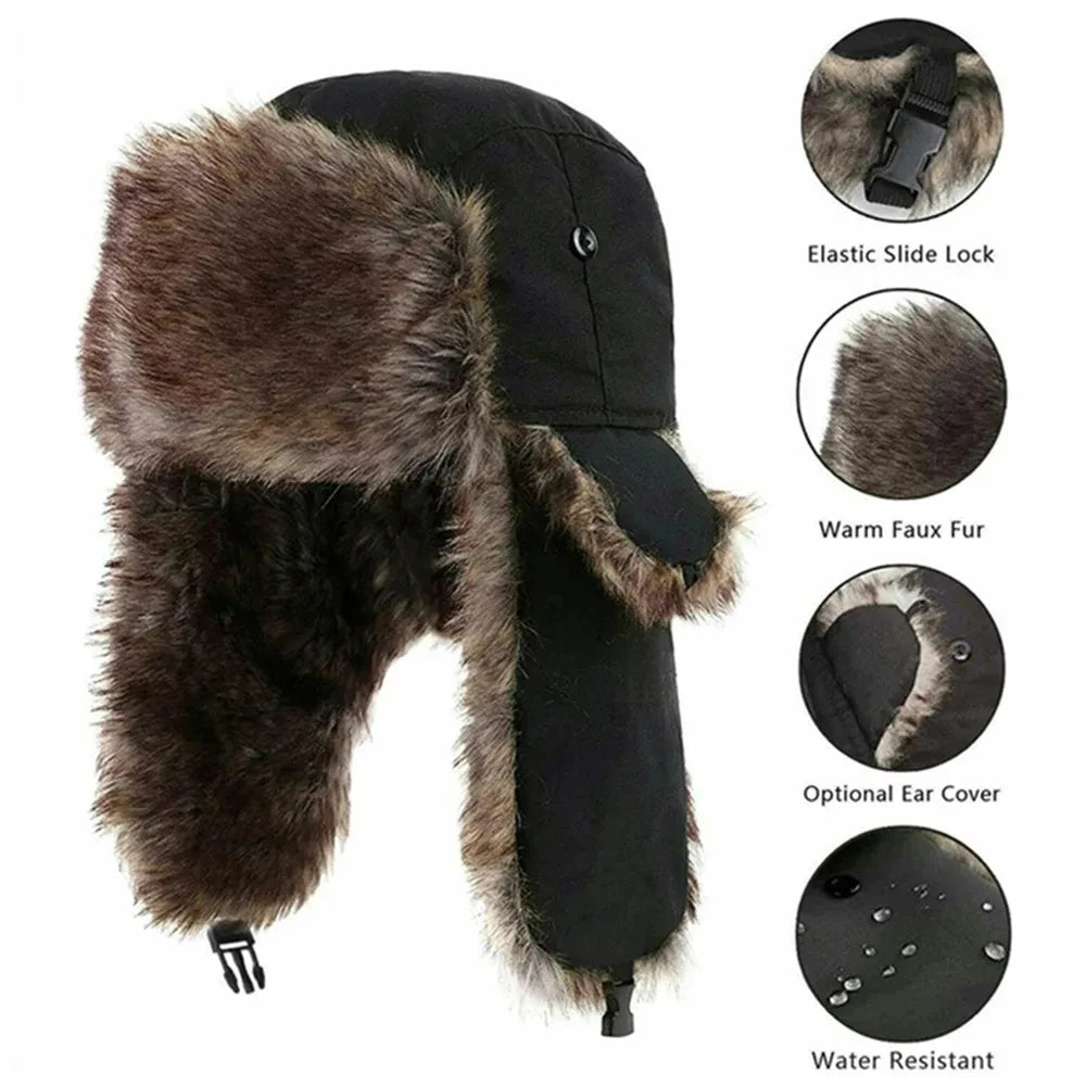 Men's Warm Soldier Hat Winter Pilot Patrolman Earmuffs Polyester Fiber Warm Russian Ski Hat Windproof Cold Pilot Hats