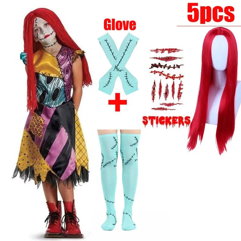 Kids Girls Boys Cosplay Scary Ghost Bride Sally Skeleton Jack Dress Striped Halloween Character Dress Up Costume