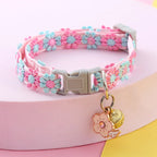 Pink Blue Cherry Blossom Embroidery Cat Collar With Bell Safety Breakaway Buckle Pet Accessory For Kitten Puppy