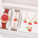 5/6 PCS/Set Red Women's Watch With Minimalist Elements Dial Quartz Watch Latex Strap Cherry Elements Jewelry Set Girl's Gift