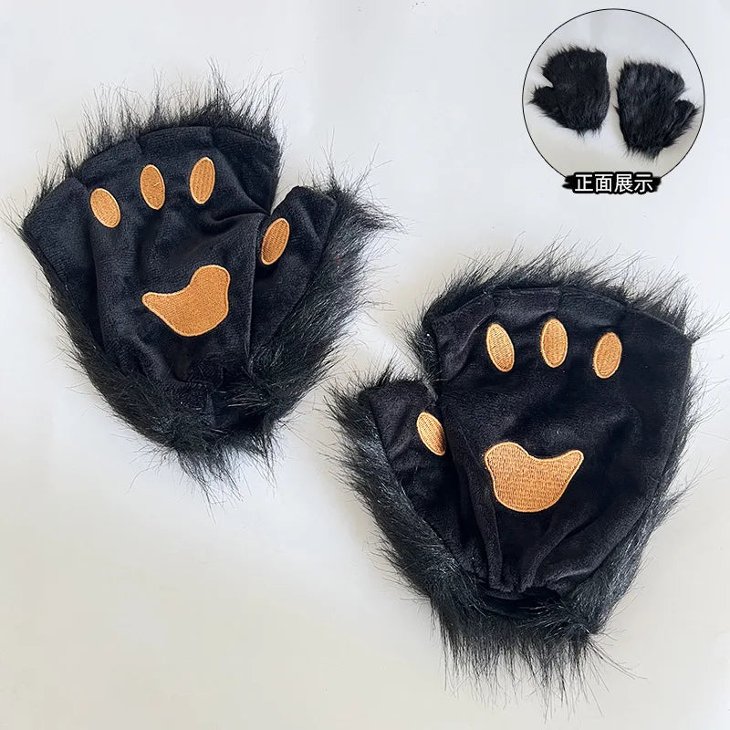 Faux Fur Fox Tail Cat Wolf Cosplay Costume Set with Plush Mask Fluffy Paw Gloves for Halloween And Christmas Party Accessories