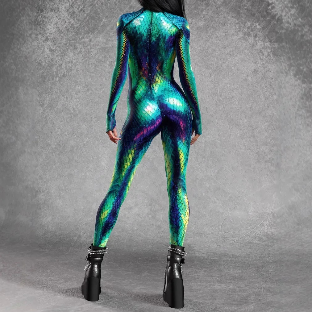 Zawaland Women Mermaid Jumpsuit Halloween Party Cosplay Costume 3D Fish Scale Print Performance Bodysuit Festival Zentai Catsuit