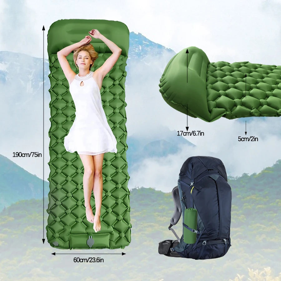 Ultralight Inflatable Camping Sleeping Pad with Built-In Pump & Pillow for Hiking