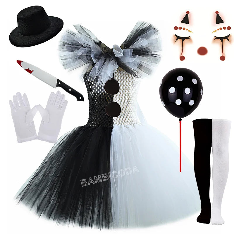 Girls Horror Clown Costume – Black & White Tutu Dress