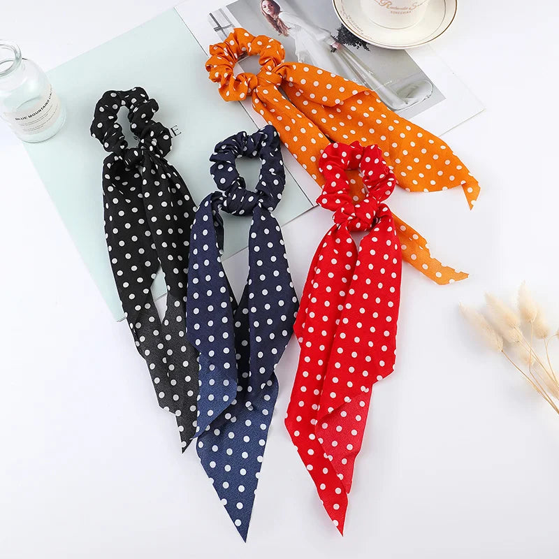 Floral Satin Bow Scrunchie with Long Ribbon Scarf