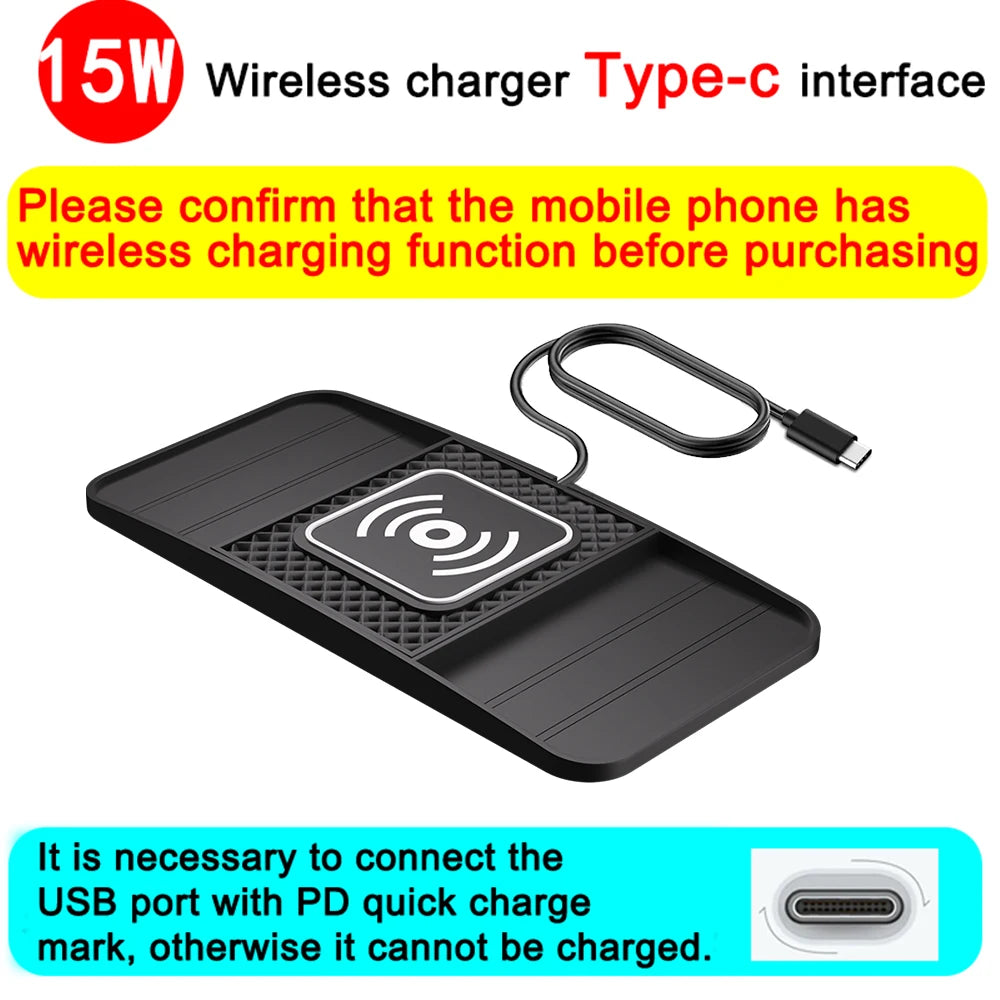 15W Fast Wireless Charging Pad , Non-Slip Rubber Mat for Car Storage, Lightweight USB-Powered Charger Compatible with Phone