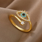 Stainless Steel Zircon Geometric Rings For Women Luxury Evil Eye Gold Color Adjustable Trendy Wedding Aesthetic Jewerly Gift