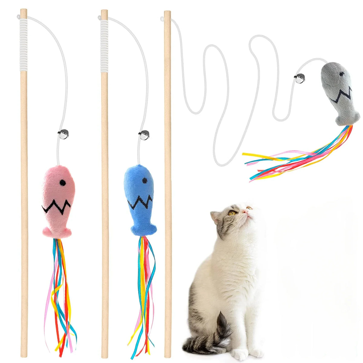 Natural Wooden Cat Teaser Wand for Interactive Indoor Cat Play