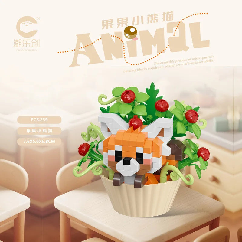 Cute Dessert Small Animals Potted Bouquet Cartoon Doll Panda Puppy Building Block Ornament Children Toys Gift