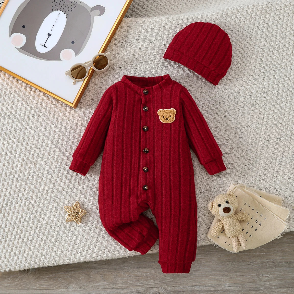 【Baby Boy】Autumn & Winter Red Onesie with Front Single-Breasted Buttons and Cute Bear Badge on Chest + Red Hat SetFeaturing a wa