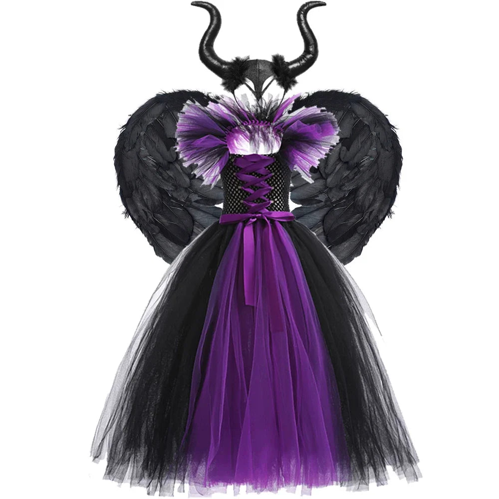 Children Cosplay Apparel for Halloween 2025 Maleficent Costume Tutu Dress Girl Evil Queen Disguise Witch Gown Villain Costume