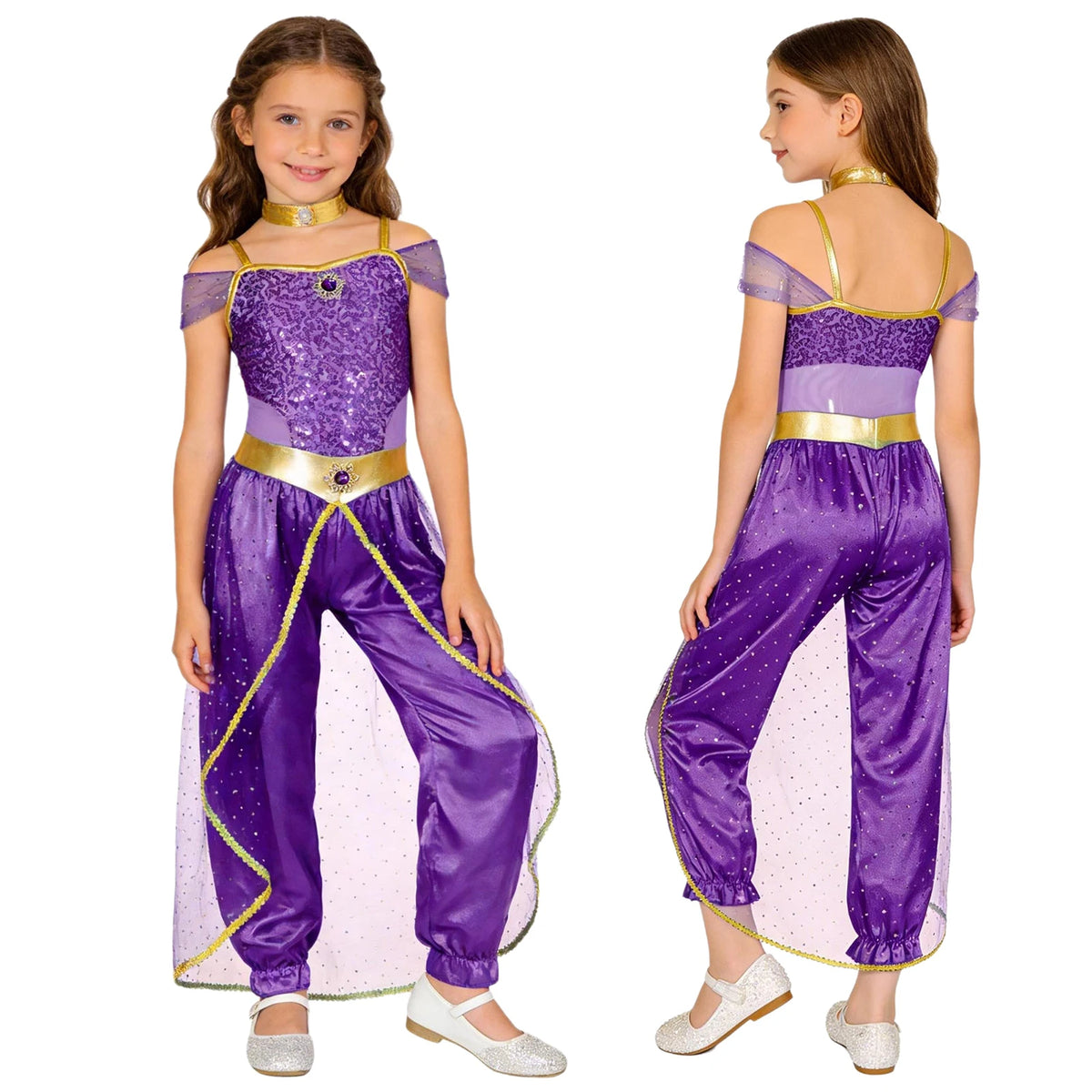 Girls Arabian Princess Costume Belly Dance Jumpsuit Shiny Sequin Tulle Overlay Satin Bodysuit for Halloween Theme Party Carnival