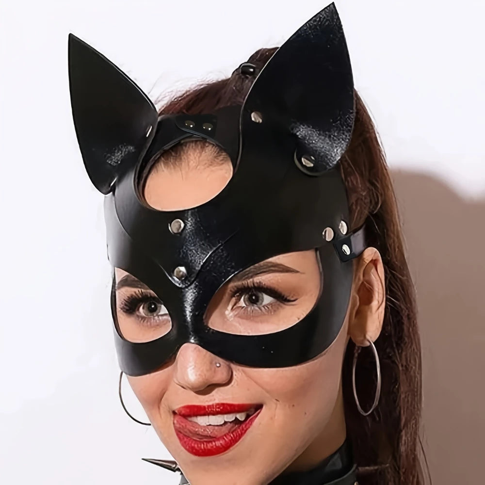 1Pc Black Synthetic Leather Cat Mask - Gothic Punk Cosplay & Party Accessory
