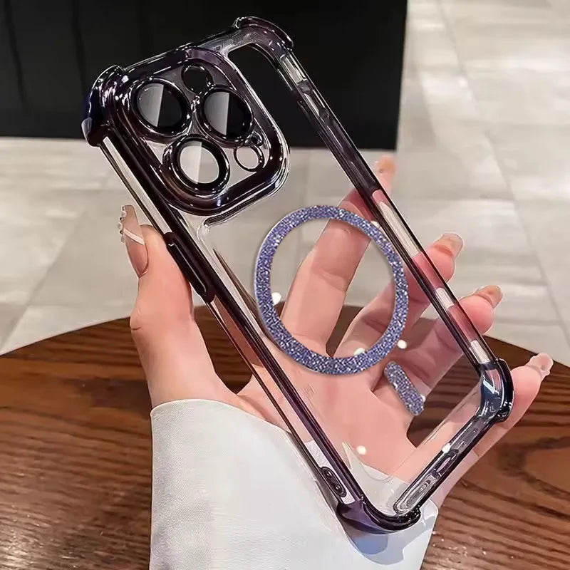 Transparent Plating Shockproof Glitter Magnetic Phone Case For iPhone 18 17 15 16 14 11 12 13 Pro Max Plus Air For Magsafe Cover