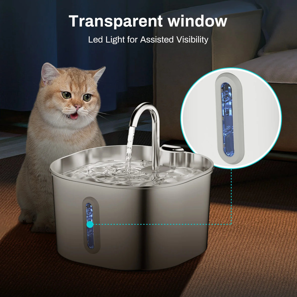 2.2L Automatic Cat Fountain Stainless Steel Pet Water Dispenser Silent Water Pump Circulation Filtering Visual Window