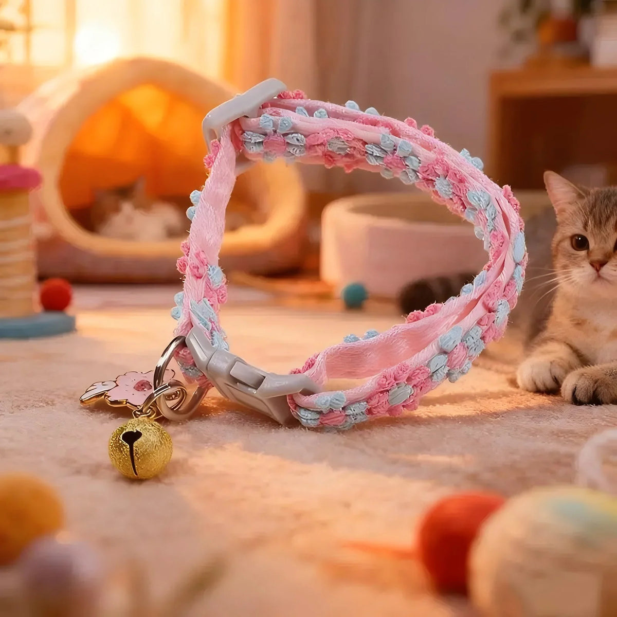 Pink Blue Cherry Blossom Embroidery Cat Collar With Bell Safety Breakaway Buckle Pet Accessory For Kitten Puppy