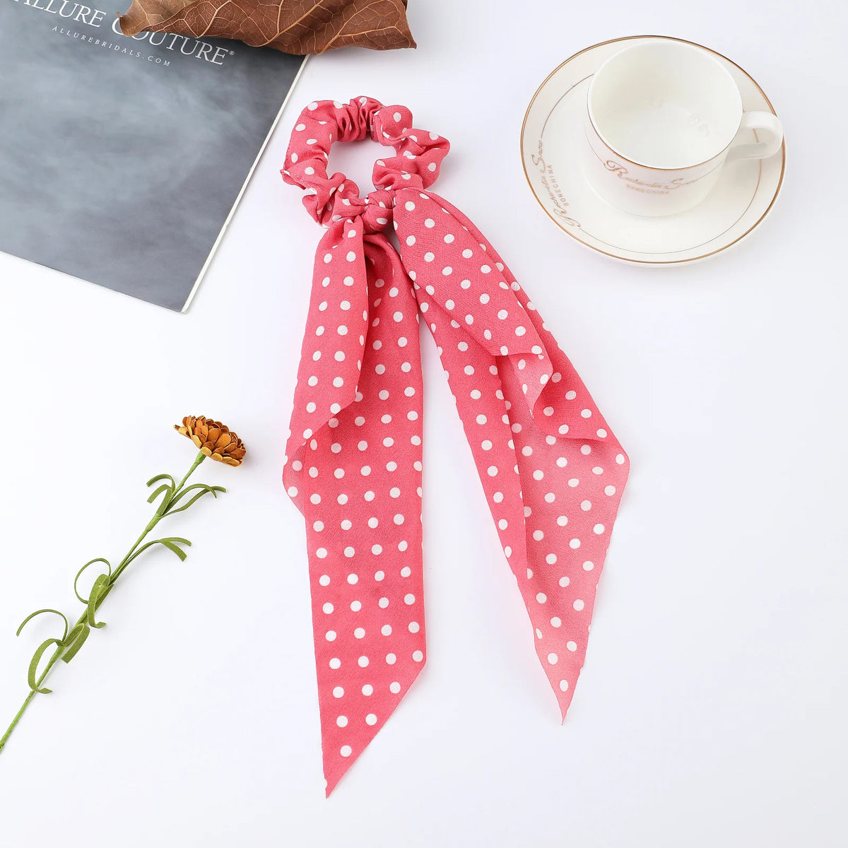 Floral Satin Bow Scrunchie with Long Ribbon Scarf