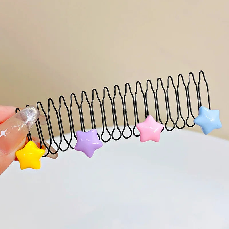 New Cute Colorful Heart Star Bow Pull-out Stretch Metal Hair Comb For Girls Broken Hair Finish Headband Fashion Hair Accessories