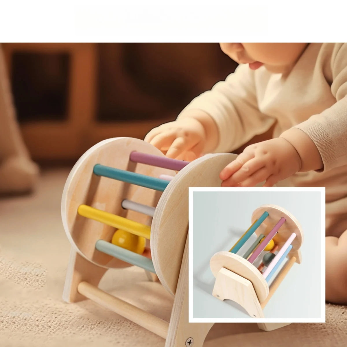 Baby Wooden Hand Bell Rattle Montessori Sensory Grasp & Teething Toy