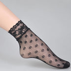 6-Pair /Set Summer Black White Sexy Lace Socks Thin Hollow Jacquard Fishing Net Short Stockings