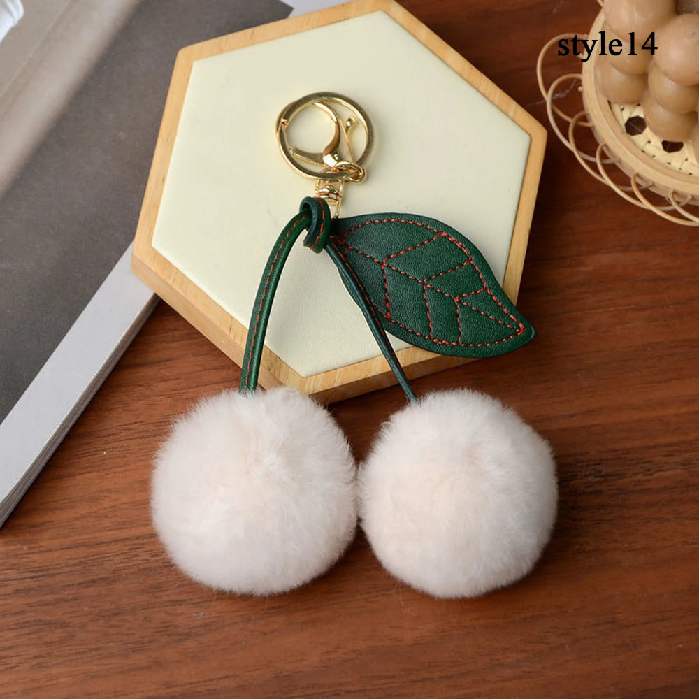 Cute Fluffy Cherry Fur Ball Keychain Bag Pendant Charm