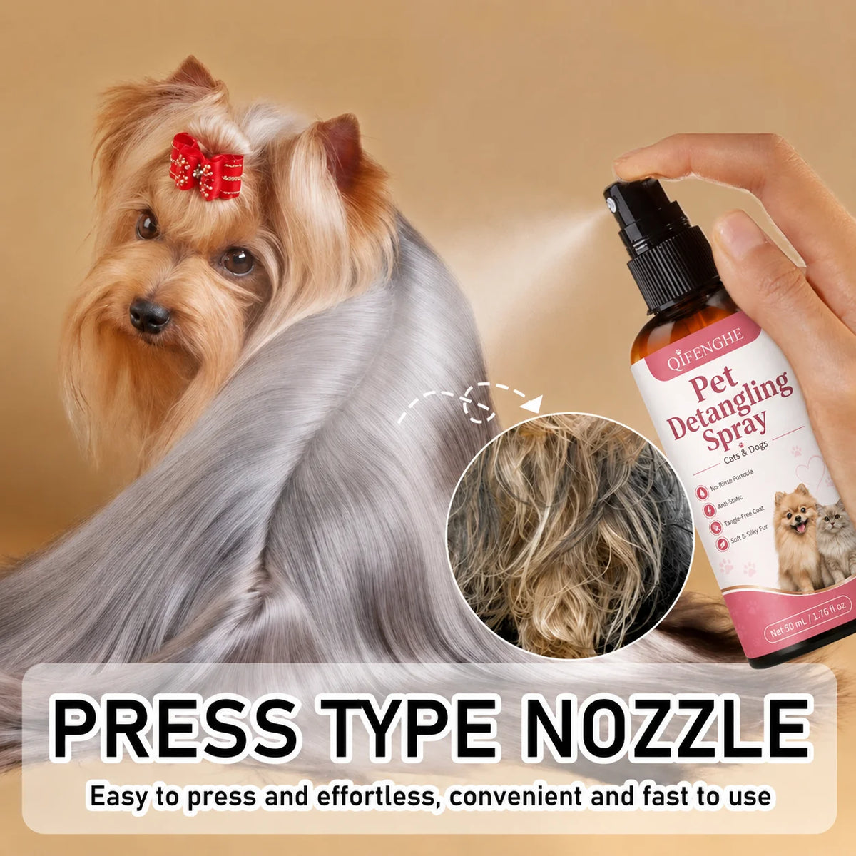 No Rinse Pet Detangler Spray for Long Hair Dogs Cats Removes Mats Knots Reduces Static Softens Fur Daily Grooming Care 50ml