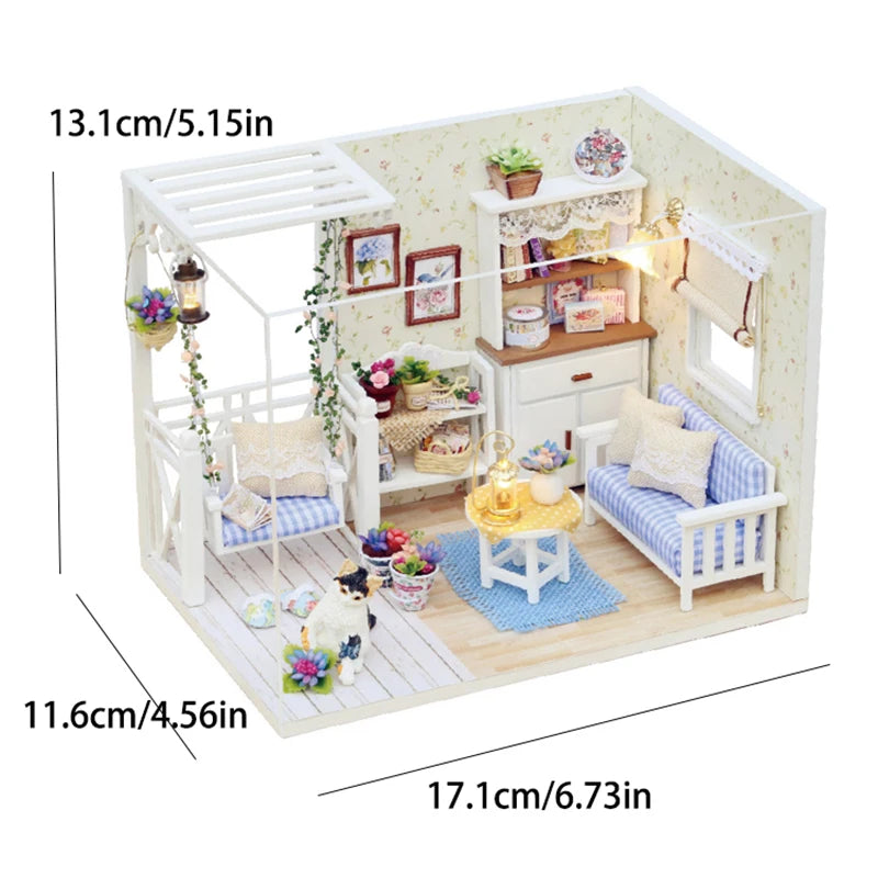 Kitten Mini Doll House 3D Wooden Puzzle DIY Miniature Building Kit