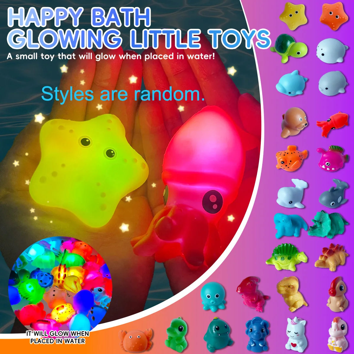 Glowable Animal Washing Water Set Floating Water Light Net Fishing Fish Playing Water Toys Children's Baby Bath Toys Floating