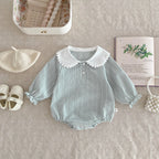 Ready Stock Newborn Jumpsuit Baby Girls Peter Pan Collar Drawstring Long Sleeves Elegant Check Romper 0-2yrs