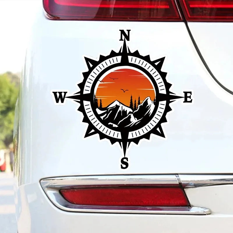 Compass Mountains Forest Sunset Vinyl Decal, Decorative Sticker for Car Motorcycle SUV Truck Window Bumper