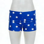 Women Blue White Star Print Shiny Stretch Boy Shorts High Waist Cosplay Costume Shorts Slim Fit Party Festival Clubwear Bottoms