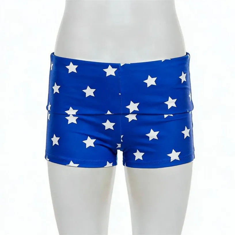 Women Blue White Star Print Shiny Stretch Boy Shorts High Waist Cosplay Costume Shorts Slim Fit Party Festival Clubwear Bottoms