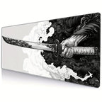 Extended gaming mouse pad with Japanese samurai design, oversized, seam edge, washable, non-slip rubber sole, 31.5x11.8 inches