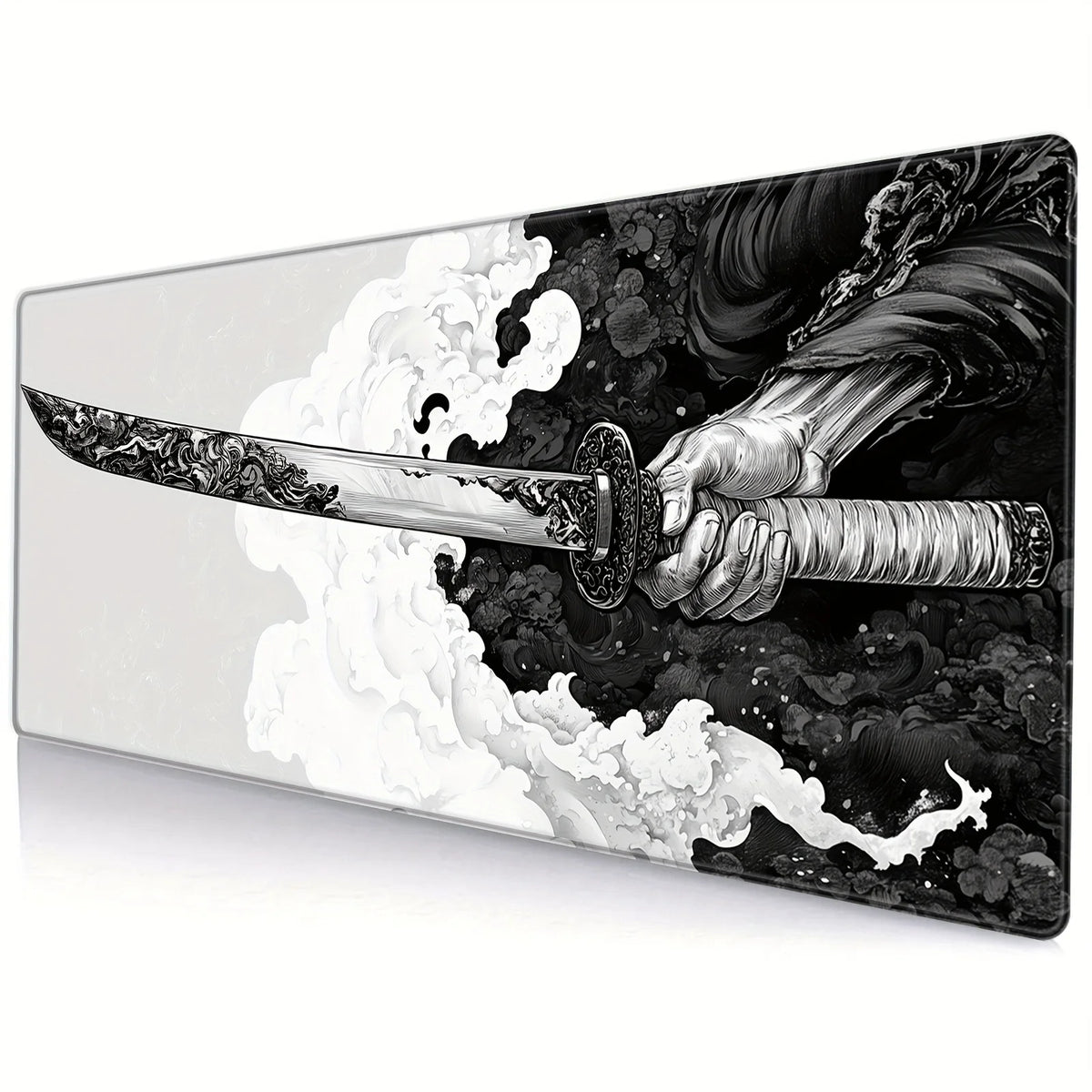 Extended gaming mouse pad with Japanese samurai design, oversized, seam edge, washable, non-slip rubber sole, 31.5x11.8 inches