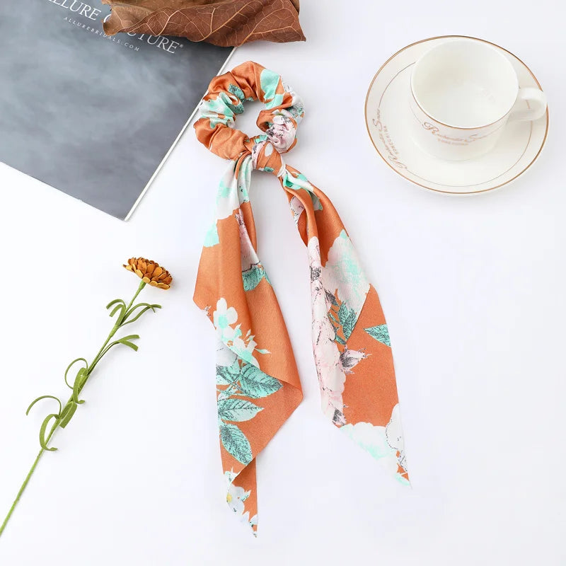 Floral Satin Bow Scrunchie with Long Ribbon Scarf