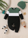 3 Colours Autumn Bodysuits Newborn Baby Boy Long Sleeve Colour Block Romper+Hat Simple Onesie Jumpsuit for Toddlers 1-18Months