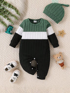 3 Colours Autumn Bodysuits Newborn Baby Boy Long Sleeve Colour Block Romper+Hat Simple Onesie Jumpsuit for Toddlers 1-18Months