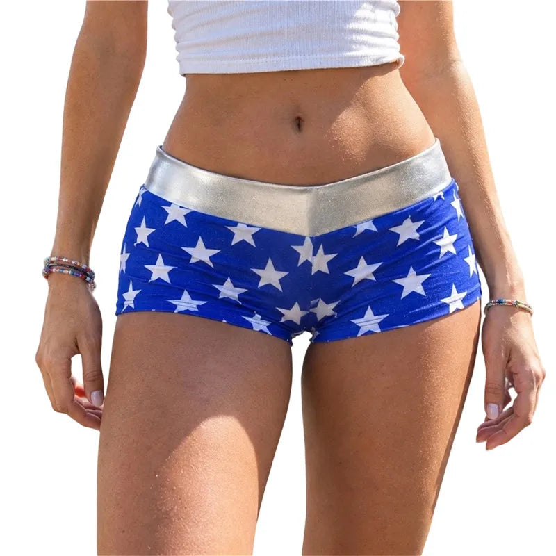 Women Blue White Star Print Shiny Stretch Boy Shorts High Waist Cosplay Costume Shorts Slim Fit Party Festival Clubwear Bottoms