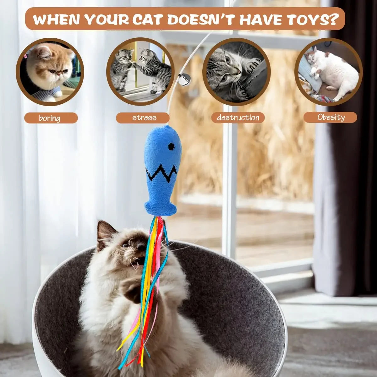 Natural Wooden Cat Teaser Wand for Interactive Indoor Cat Play